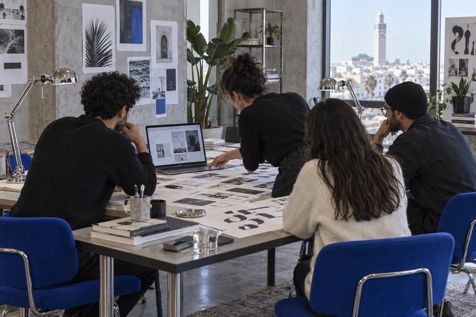 An illustrative creative team developing ideas together around a studio worktable